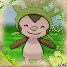 a picture of a monkey wearing a green hat with flowers and a bow
