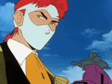 a cartoon character wearing a white mask and holding a purple object