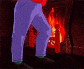 a man in a red shirt and blue pants is standing in front of a fireplace