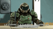 a video game character is holding a knife and says la guerre la guerre la guerre la guerre la guerre la guerre