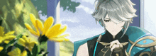 a gray haired anime character is standing in front of a yellow flower