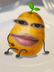 a pear with arms and legs and a green leaf on top