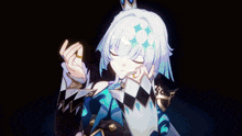 a girl with white hair and blue eyes is holding a gold object in her hands