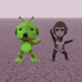 a green cartoon character and a black cartoon character are standing next to each other on a carpet