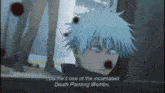 a blue haired anime character is talking about death painting wombs