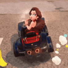 a cartoon girl is sitting in a toy car eating a candy bar