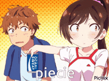 a girl is pointing at a can of pocari sweat next to a boy