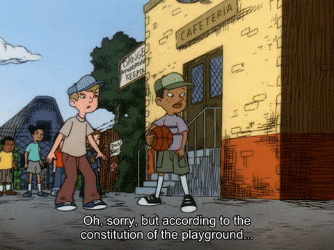 A kid gets a scroll out from his pocket and starts to explain the constitution of the playground