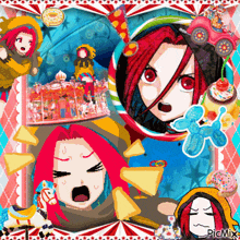 a collage of cartoon characters including a girl with red hair and balloons