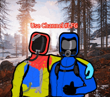 a cartoon of two people hugging with the words use channel # lfg behind them