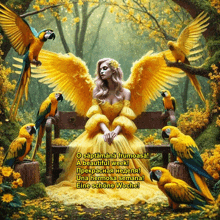 a woman in a yellow dress sits on a bench surrounded by parrots