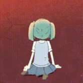 a cartoon girl with green hair is sitting on the ground in a dark room .