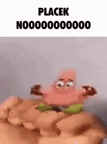 patrick star from spongebob squarepants is standing on top of a pile of food .