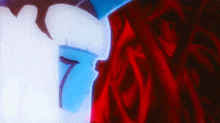 a close up of a blue and red cartoon character