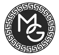 a black and white logo with the letter m and g in a circle