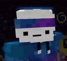 a pixel art of a skeleton wearing a purple and white hat and a purple and white bandana .