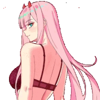 a girl with long pink hair and horns is wearing a red bra