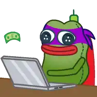 a cartoon frog wearing a ninja turtle costume is using a laptop computer