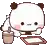 a panda bear is drinking a drink and using a tablet .