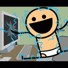 a cartoon character is sitting in front of a computer with lightning coming out of the screen