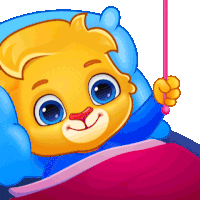 a cartoon lion is laying in bed holding a pink stick