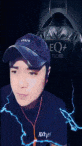 a man wearing a hat and a jacket that says eq +