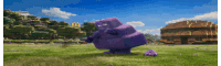 a purple cartoon character is standing in the grass