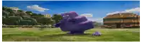 a purple cartoon character is standing in the grass