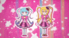 two anime girls are standing next to each other on a pink background with stars .