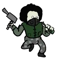 a cartoon character wearing a mask is holding a gun and a green bottle .
