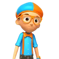 a cartoon character with glasses and a blue shirt