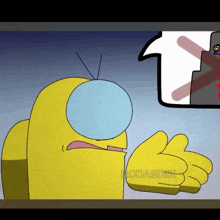 a cartoon of a yellow among us character talking to someone