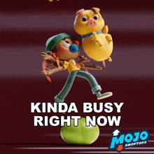 an advertisement for mojo swoptops with a cartoon character on a ball