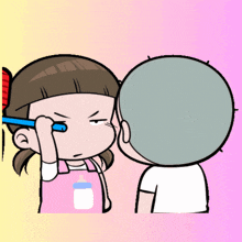a cartoon of a boy and a girl with a bottle on the apron