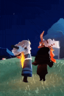 two people are standing in a field in a video game .