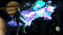 a cartoon of a man in a green suit standing in space