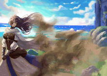 a painting of a woman in a white dress standing in front of the ocean