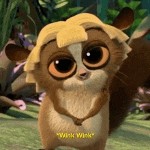 a close up of a cartoon animal with the words * wink wink * on it