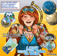 a cartoon of a woman with the words love makes the world go round on the bottom