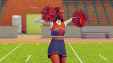 a cheerleader is holding pom poms in her hands