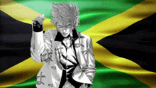 a black and white drawing of a man standing in front of a jamaican flag