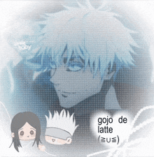 a drawing of a boy with the words gojo de latte on the bottom