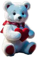 a white teddy bear with a red bow around its neck holds a red heart