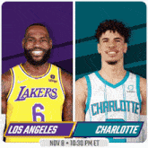 a lakers and charlotte basketball game is scheduled for nov 8 at 10:30 pm et