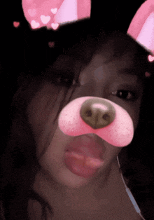 a woman wearing a pink dog mask with hearts on her ears
