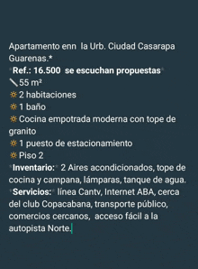 a list of amenities for an apartment in la urb. ciudad casarapa guarenas