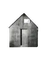 a black and white photo of a small wooden house with a window and a roof .