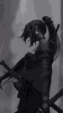 a woman in a black dress is holding two swords