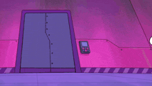 a cartoon of a man in a lab coat standing in front of a purple door