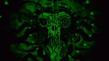 a green background with a skull and a snake on it .